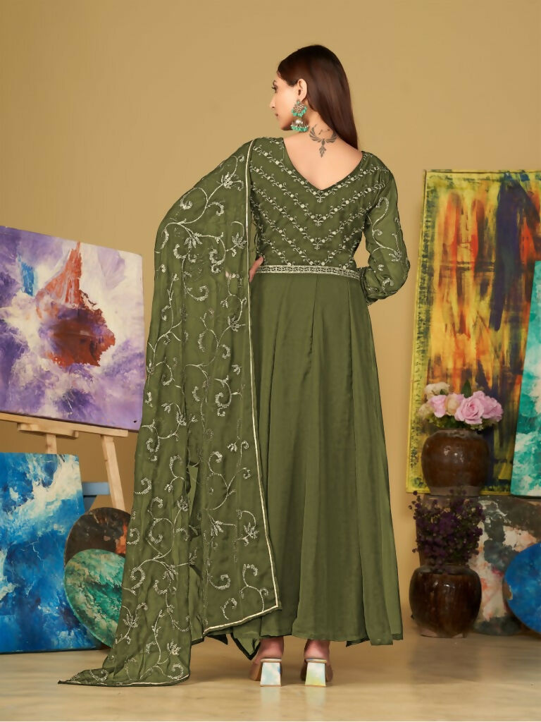 Women's Olive Green Georgette Embroidered Anarkali Kurta Pant Set