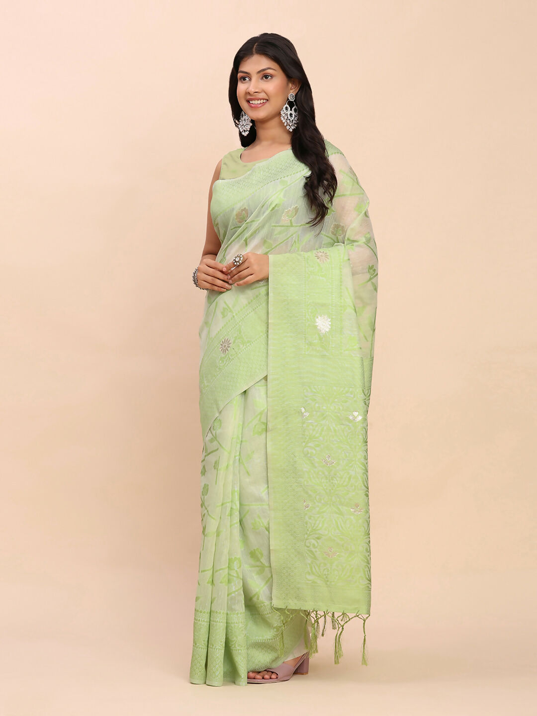 Shree Shyam Fashion Linen Cotton Light Green Saree