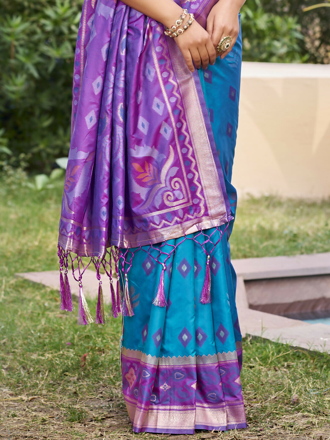 Rama Blue Pochampally Silk Saree with Matching Blouse