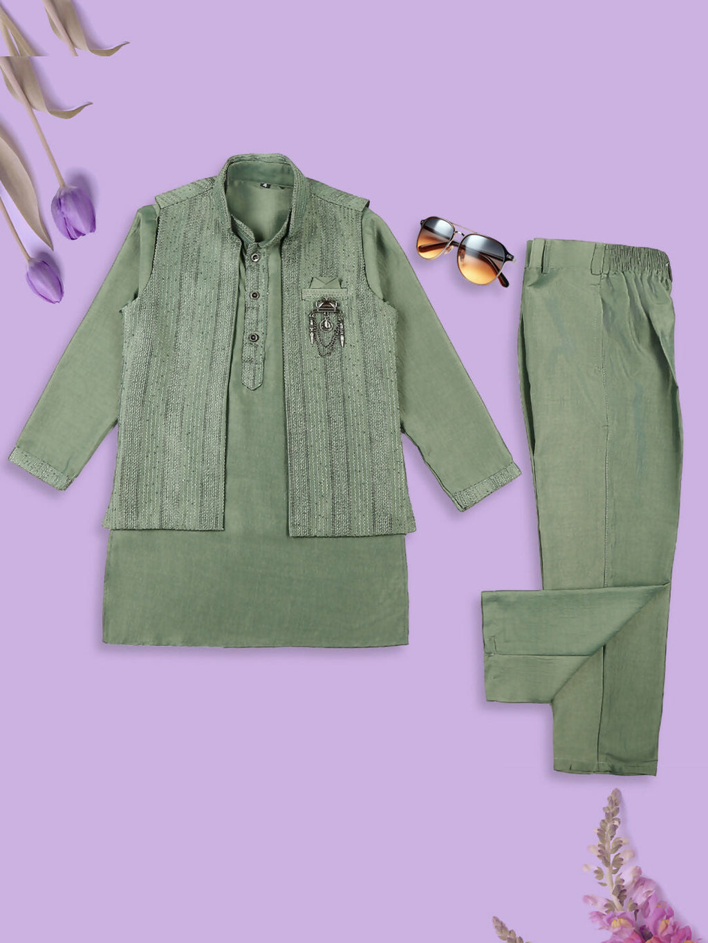 Boys Green kurta, churidar pyjamas, and matching embroidered Nehru jacket