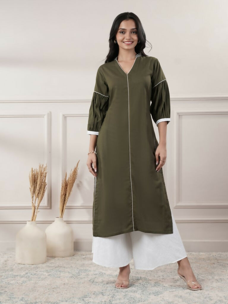 Women's Khaki V-Neck Calf-Length Casual Dress