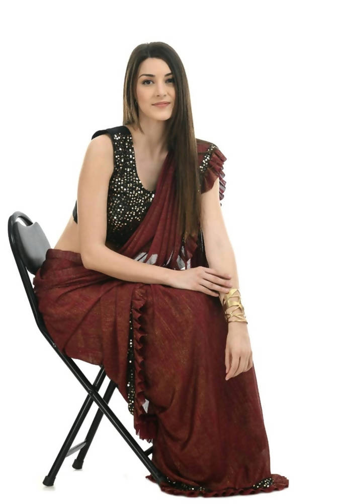 Rust and Black Ruffled Ready-to-Wear Lycra Saree with Sequin Blouse