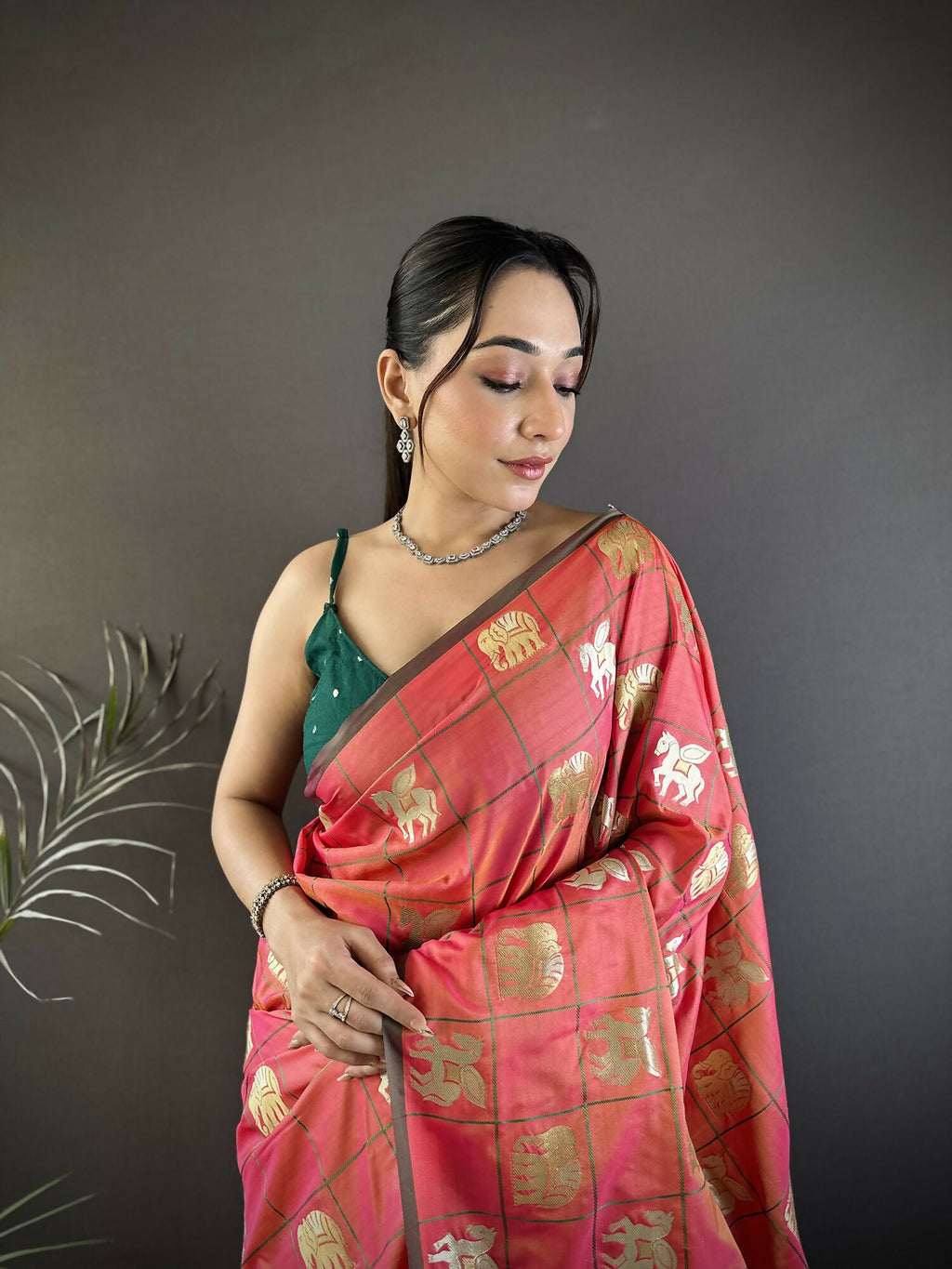 Orange Elephant Motif Soft Silk Banarasi Saree with Green Blouse