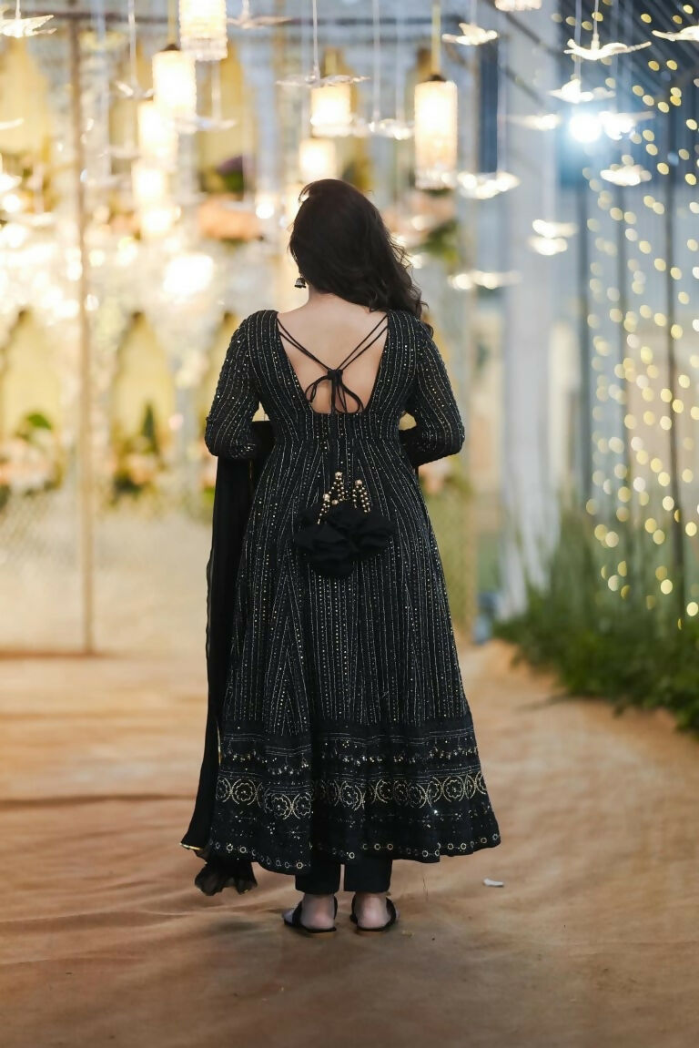 Black Faux Georgette Anarkali Dress with Zari & Sequence Embroidery