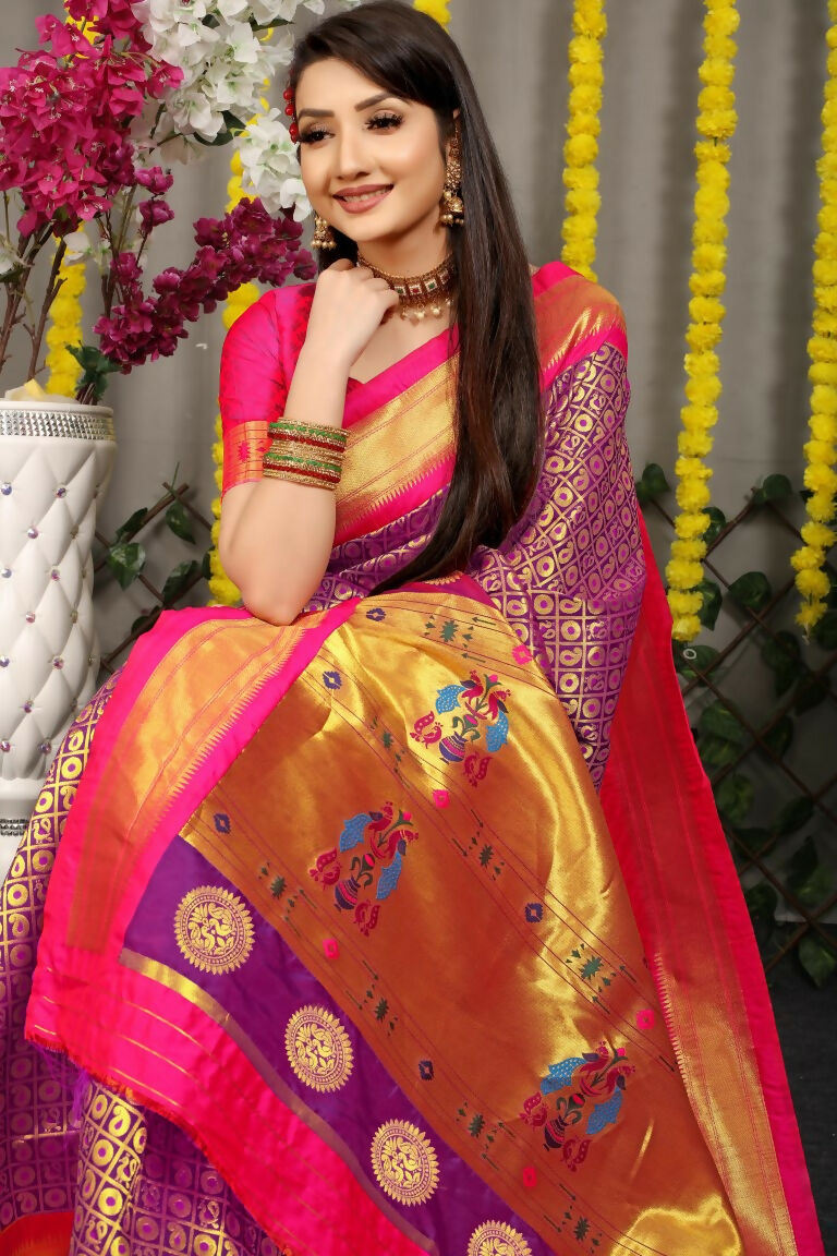 Purple Banarasi Silk Zari Woven Saree with Contrast Pink Blouse