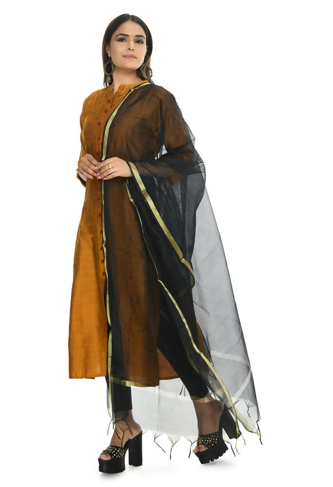 Black Chanderi Banarsi Piping Dupatta - Traditional Ethnic Accessory