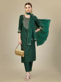 Dark green silk blend kurta set with detailed embroidery and sequence work, paired with trousers and dupatta