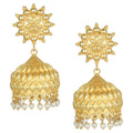 Close up of Joban Fashion matte gold finish brass jhumka earrings with intricate handcrafted detailing