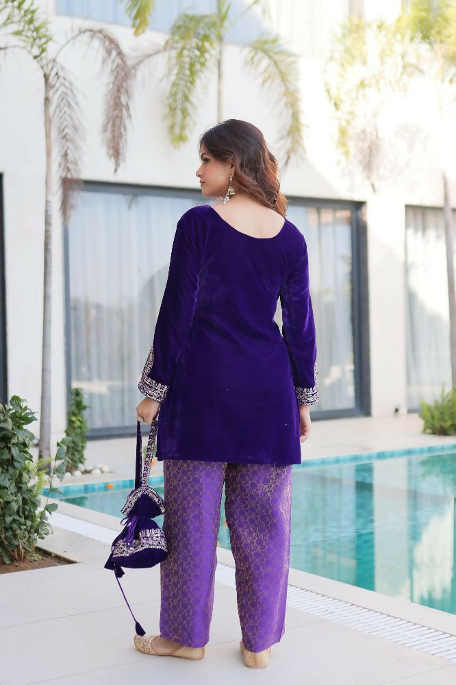 Purple Velvet Kurta Set with Zari, Sequins & Thread Embroidery