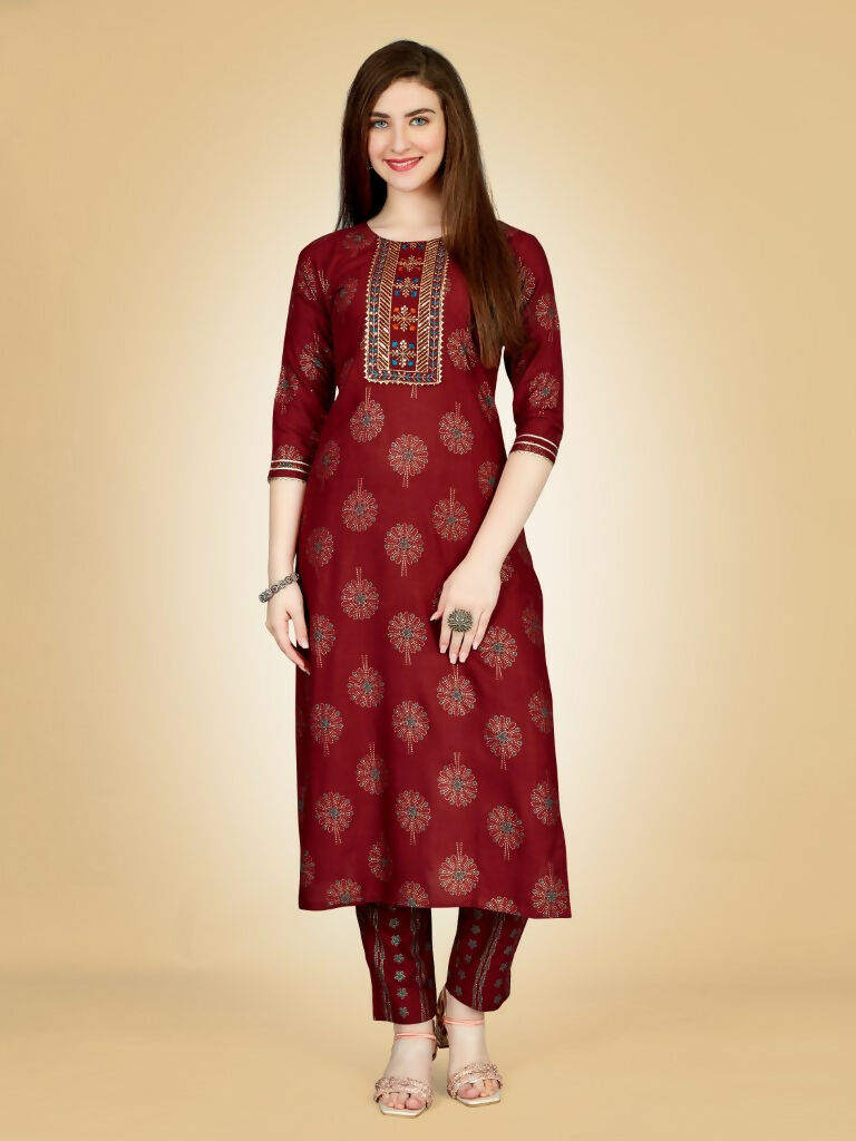 Women's Maroon Embroidered Viscose Rayon Straight Kurta Pant Set