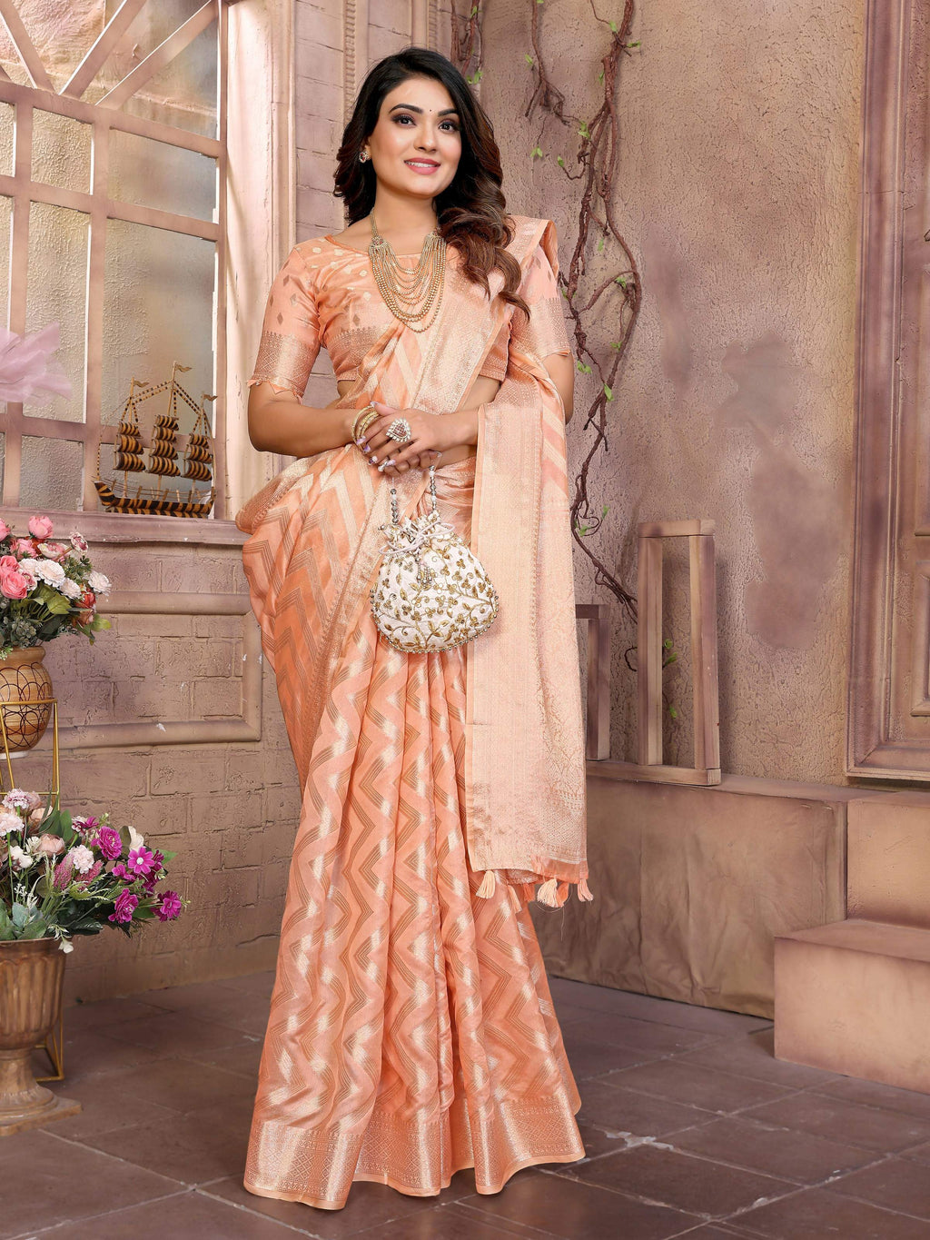 Peach Soft Organza Silk Saree with Elegant Weaving