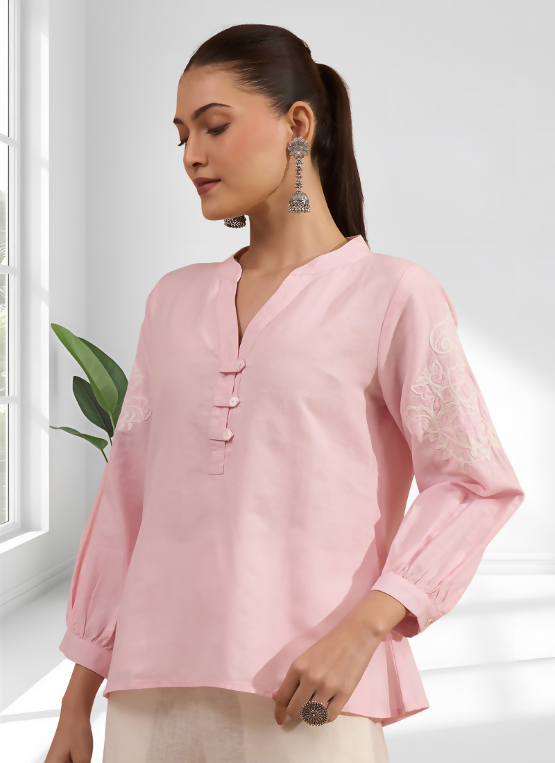 Pink Embroidered Cotton Linen Tunic with Split V-Neck