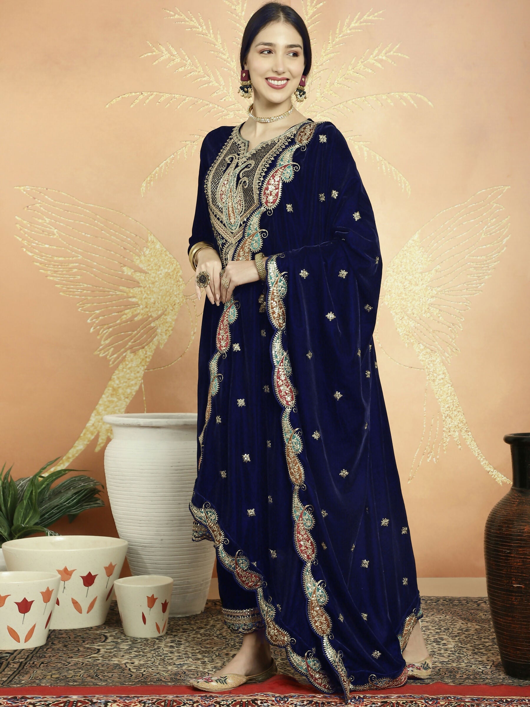 Navy Blue Velvet Straight Kurta Set with Sequin & Resham Thread