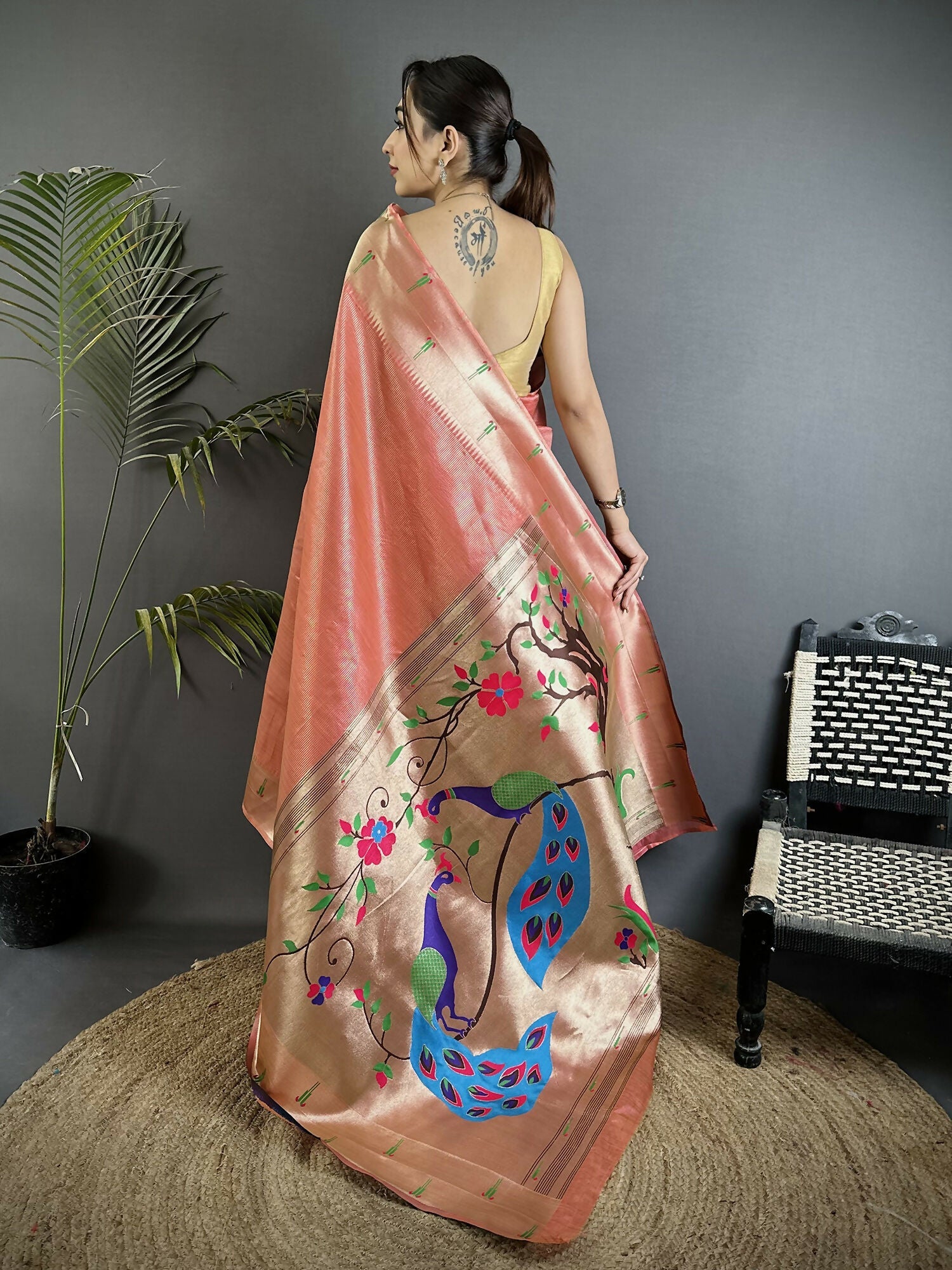 Light Orange Tissue Paithani Saree with Peacock and Floral Motifs