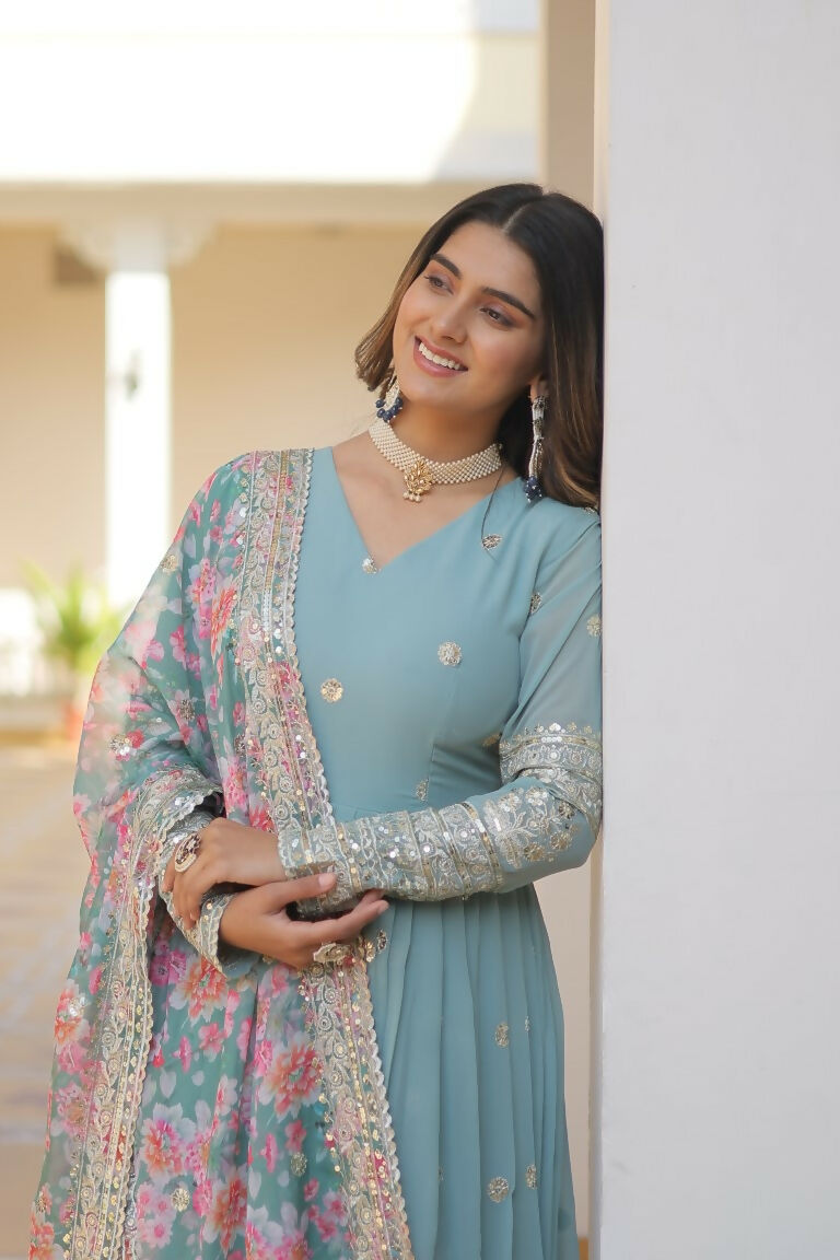 Sky Blue Faux Georgette Anarkali Dress with Sequins & Zari Work