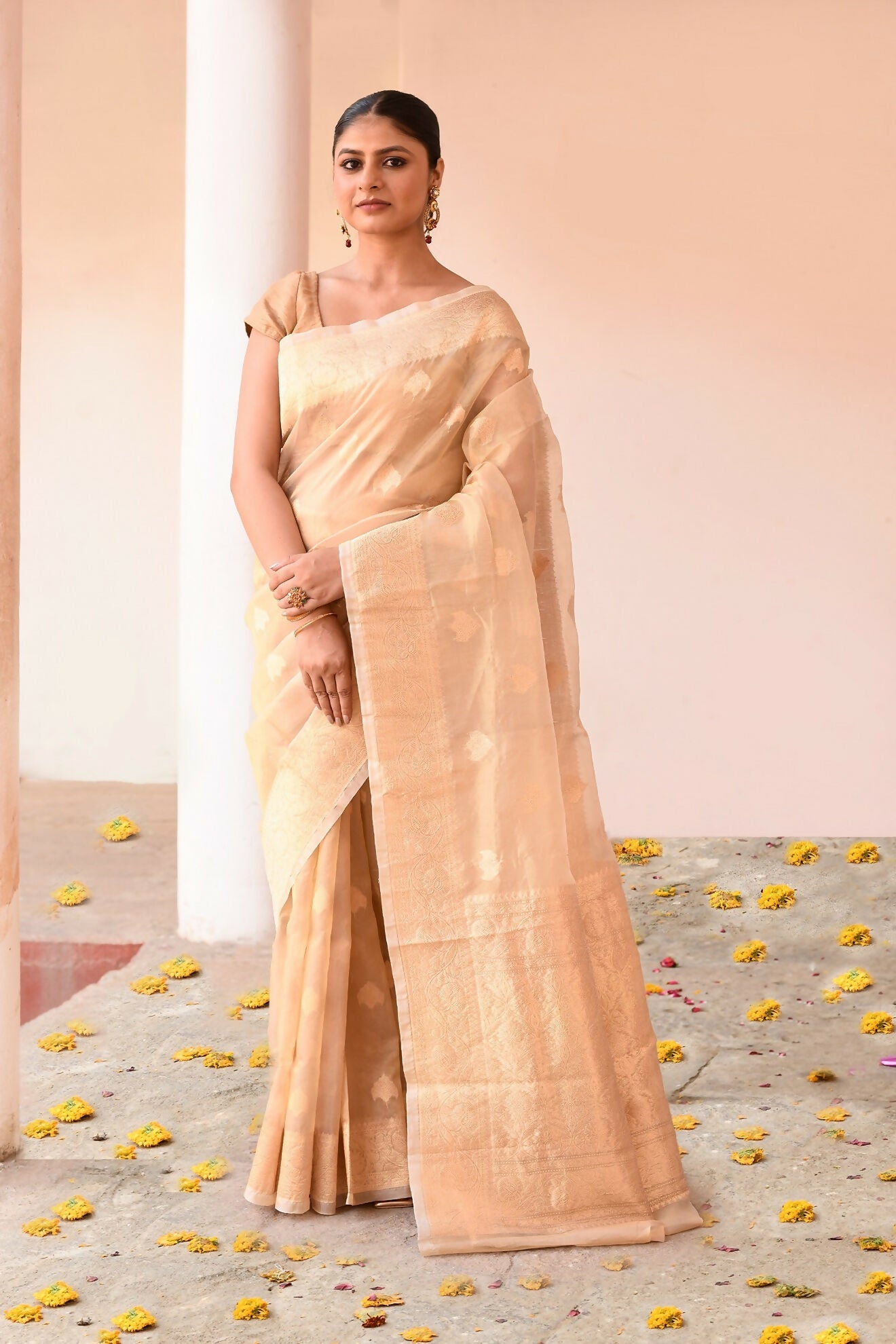 Gold Banarasi Kora Tissue handloom silk saree with intricate weaving
