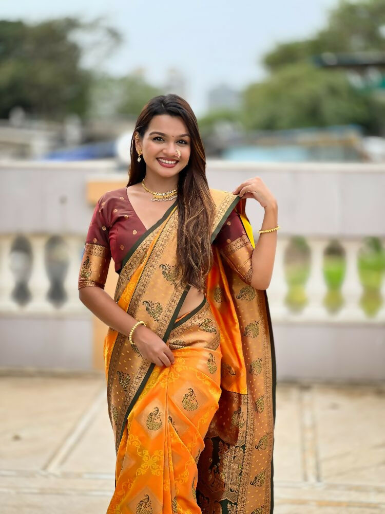 Mustard Orange Soft Banarasi Silk Saree with Zari Meenakari