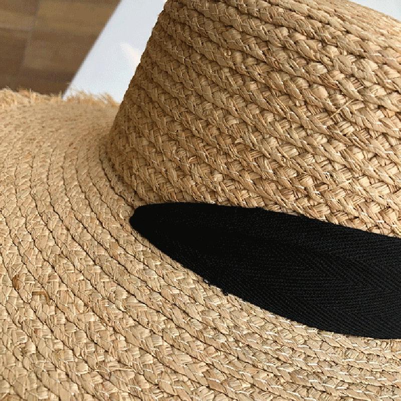 Vintage Straw Wide Brim Sun Hat with Black and White Bowknot