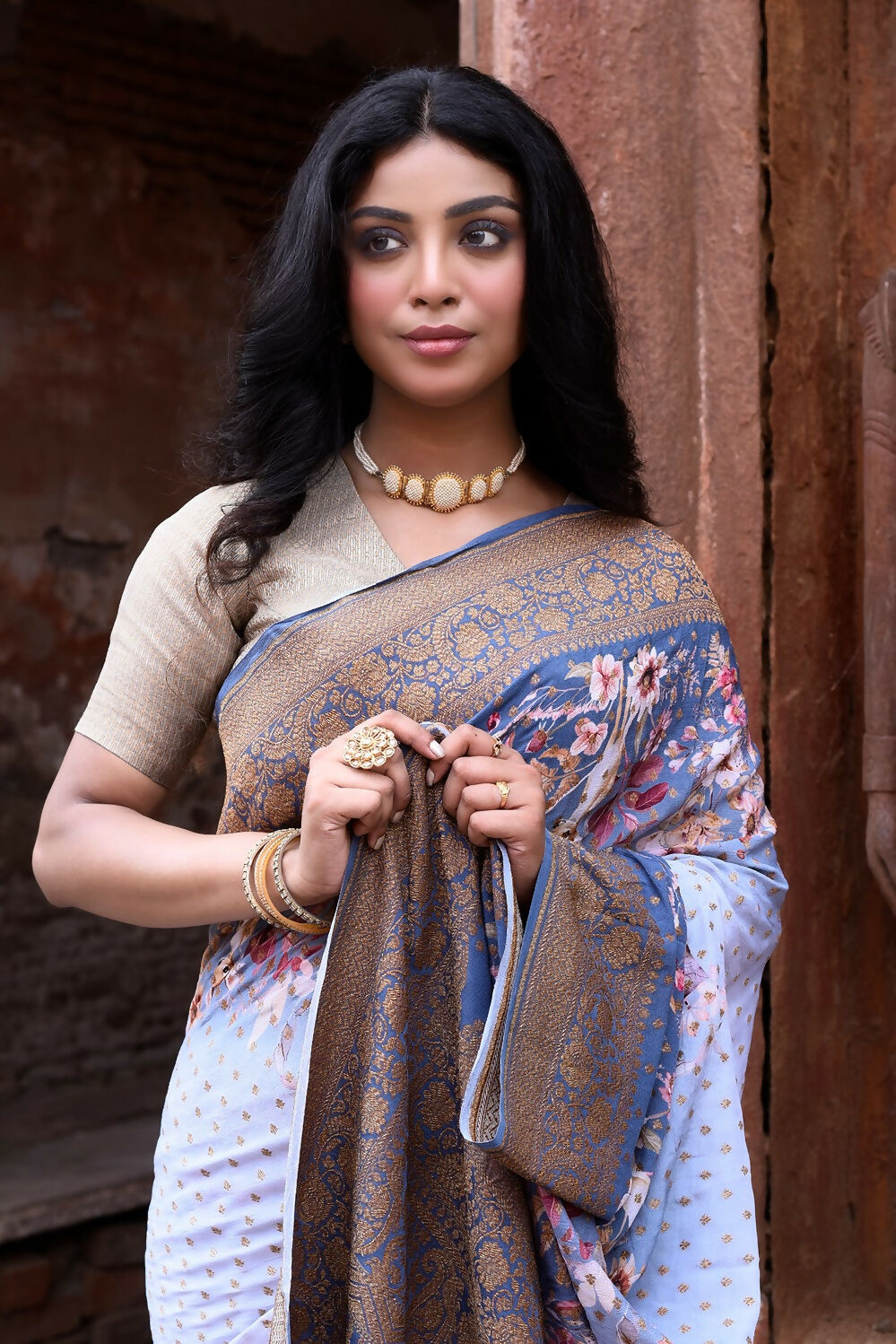 Dusty Blue Crepe Chiffon Pure Handloom Banarasi Silk Saree