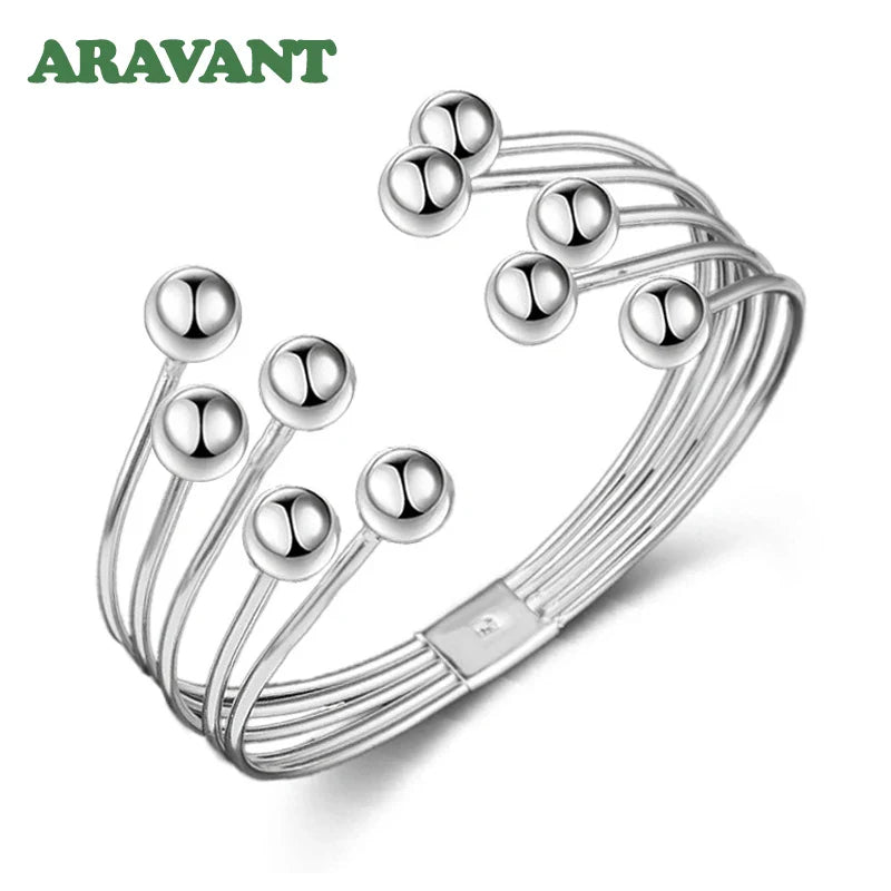 Aravant 925 Silver Multi Line Bead Open Bracelet Bangles For Women Wedding Jewelry Gifts