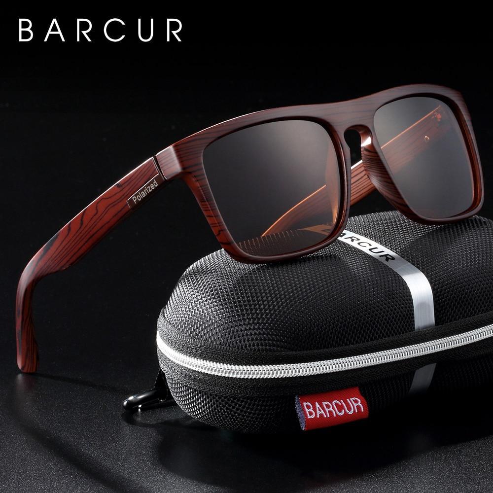 Unisex polarized retro sunglasses with wood grain finish and UV400 lenses in brown, black, and blue.