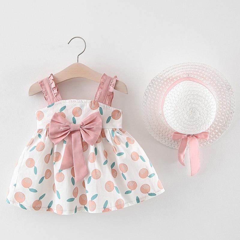 Floral Fruit Print Baby Girl Sleeveless Dress with Matching Hat