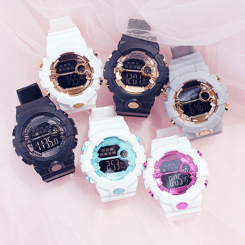 Large dial AOSUN digital sports watch with LED display in white, black, grey, and gold options.