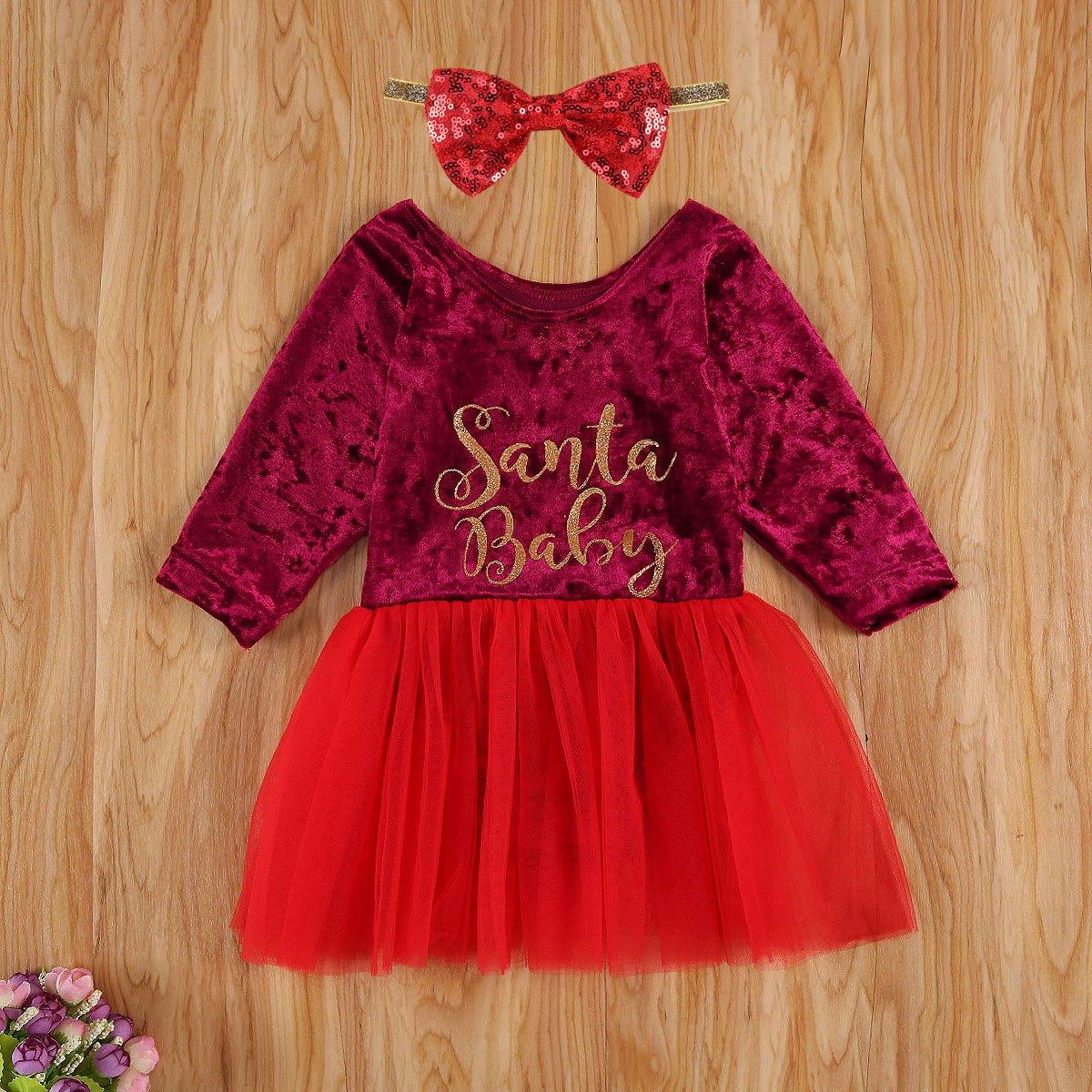 Baby girl long sleeve velvet red Christmas dress with festive print