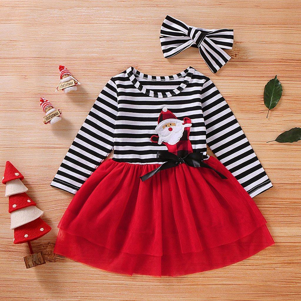 Newborn Baby Girls Long Sleeve Christmas Santa Striped Dress