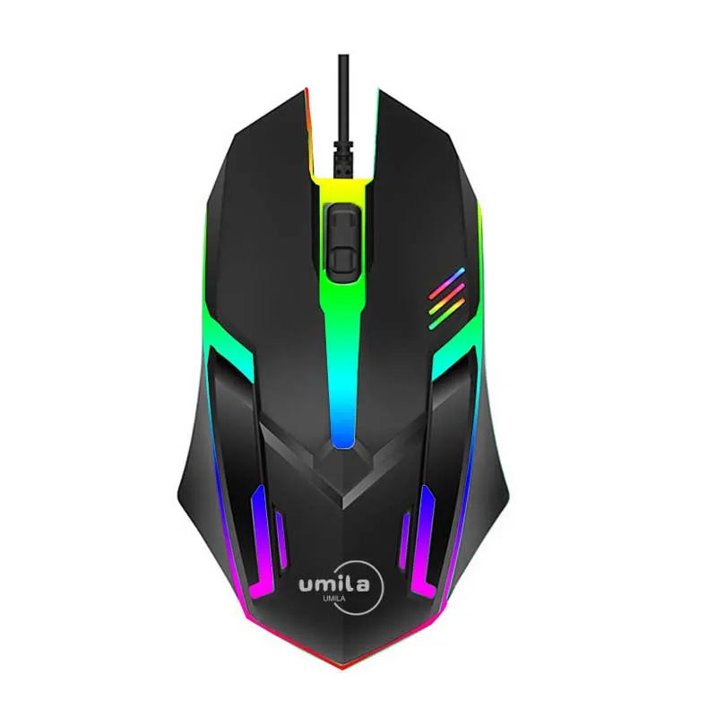 Top view of a black wired gaming mouse with vibrant rainbow RGB lighting and an ergonomic shape