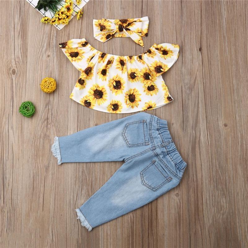3-Piece Sunflower Baby Girl Outfit Set - Boho Casual Summer Suit