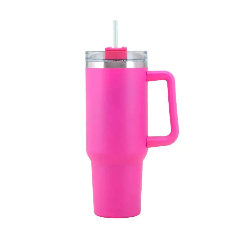 Bright hot pink 40oz insulated tumbler with handle and straw