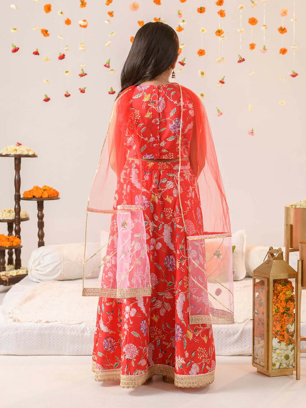 Girl's Orange Lehenga Choli in Cotton with Net Dupatta