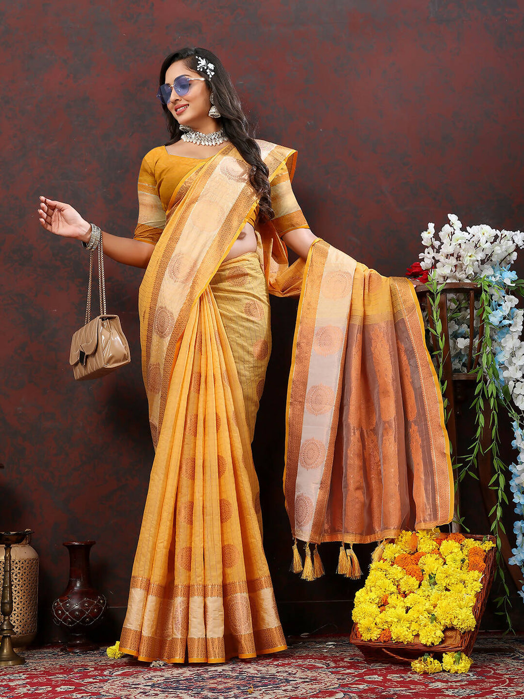 Orange Cotton Saree with Classic Woven Zari Weaving