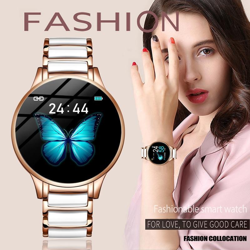 Women's modern smart sport watch in rose-gold, featuring a clear color display and sleek steel-style band.
