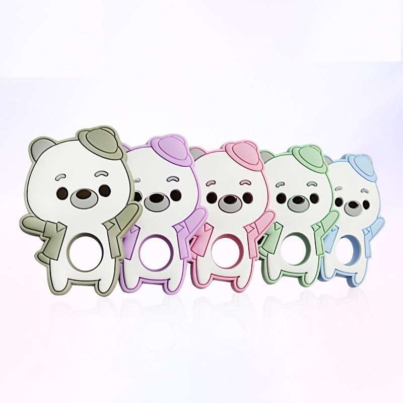 Stevvex silicone bear-shaped baby teether with matching pacifier clip on a neutral background