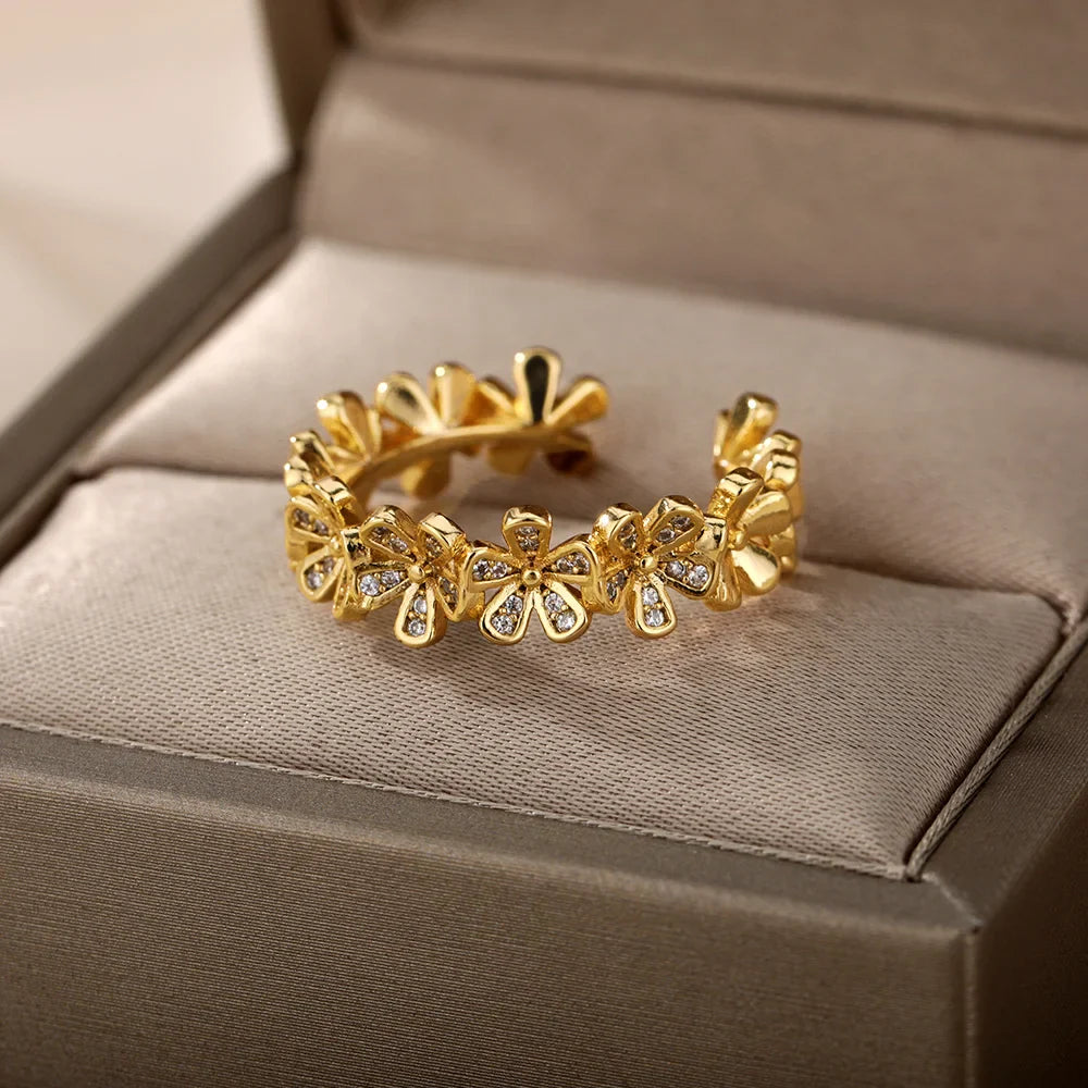 Ladies Flower Open Rings For Women Stainless Steel Cubic Zircon Flower Open Adjustable Ring Jewelry Students Girl Gift