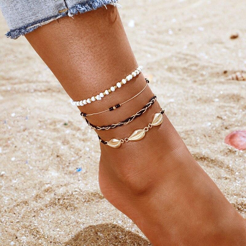 Gold Tone Tassel Beads Anklet Bracelet Set for Women