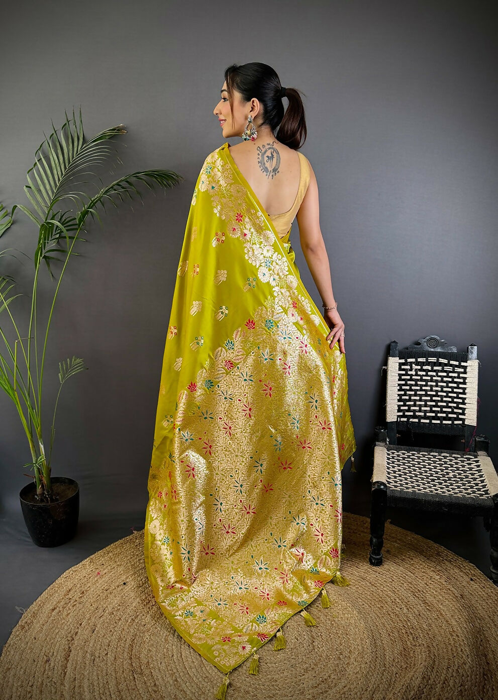 Meenakari Lime Green Woven Soft Silk Saree with Matching Blouse