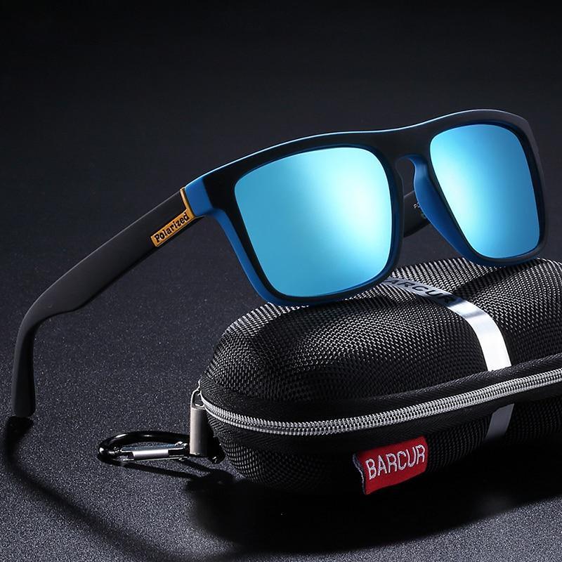 Minimalist sport-style polarized sunglasses in black, blue, red, and green.