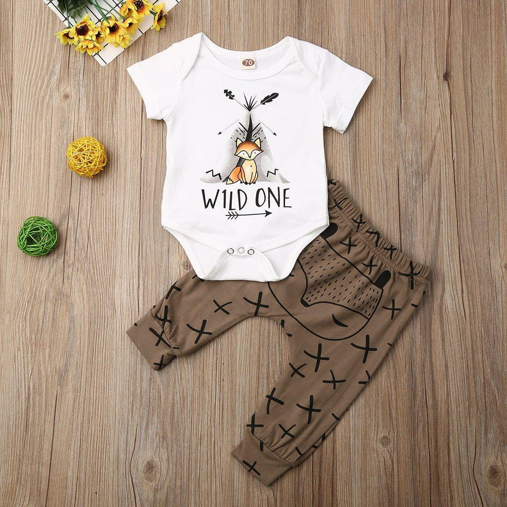 Baby boy/girl cartoon animal print short sleeve cotton romper in white and brown