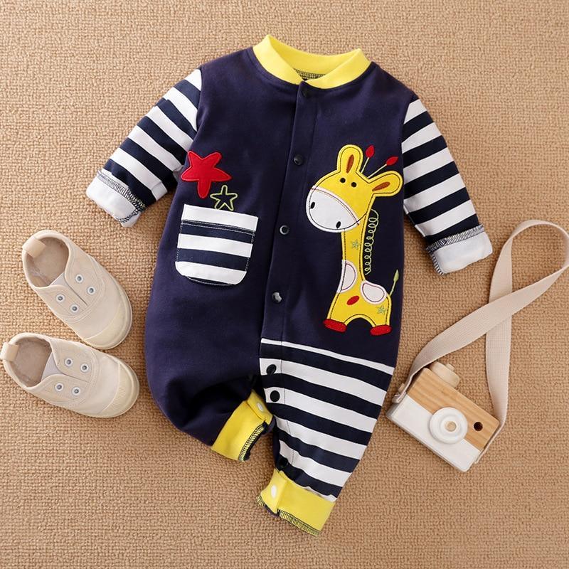 Baby Boy Long Sleeve Striped Romper with Cute Giraffe Design