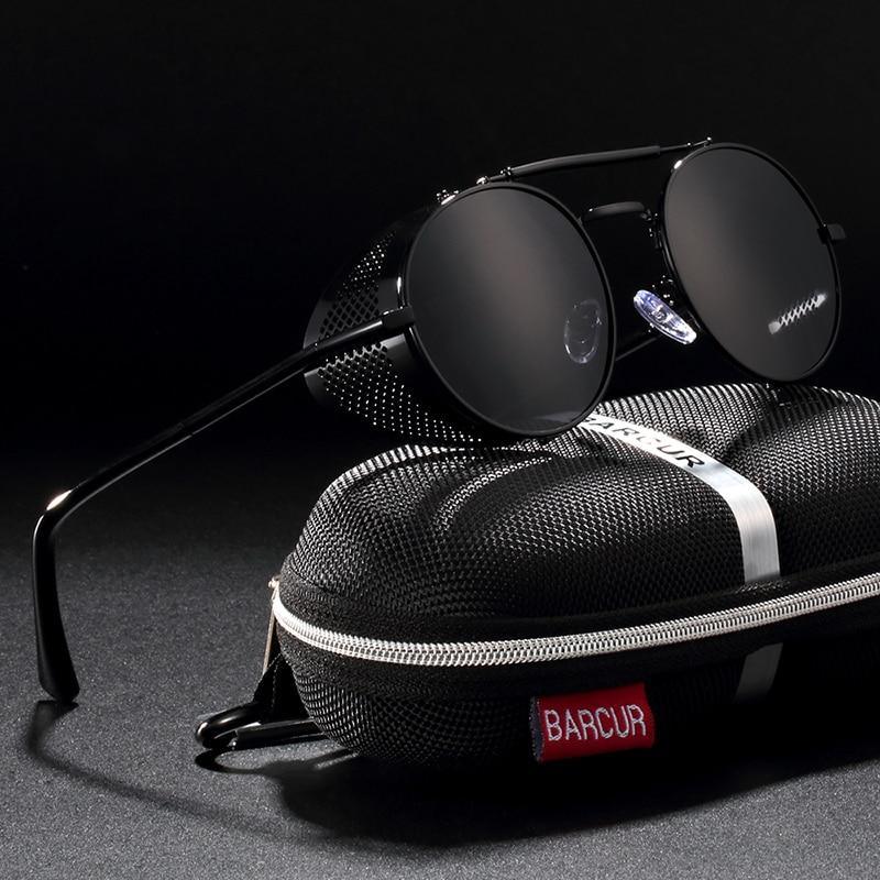 Unisex retro steampunk round sunglasses with metal frame and polarized lenses