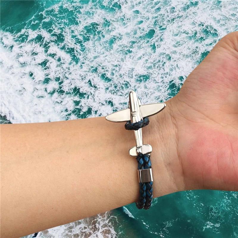 Retro Leather and Stainless Steel Airplane Anchor Bracelet Set