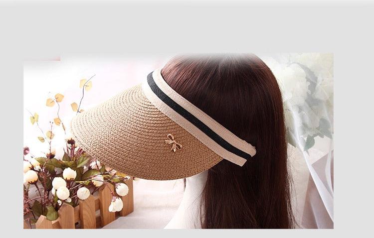 Vintage Straw Visor Hat with Bowknot - Open Top Beach Cap