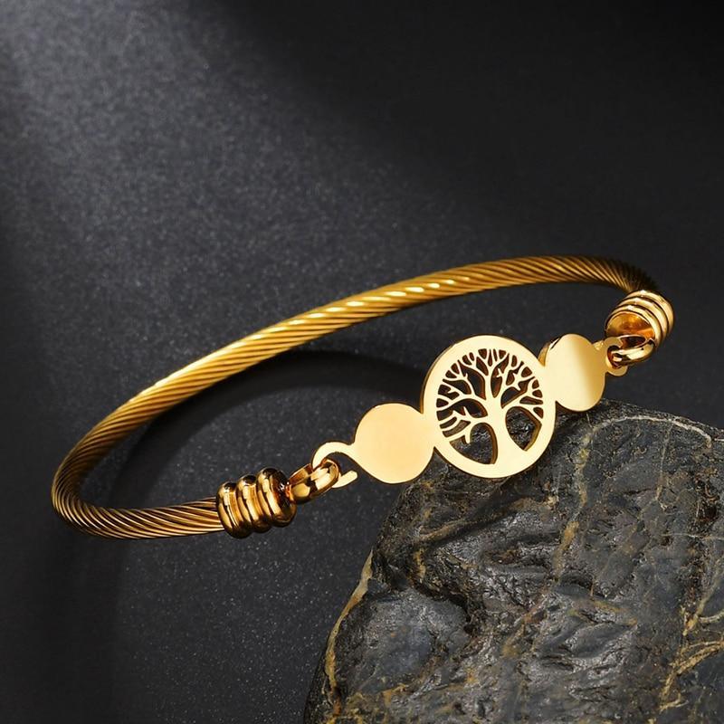 Tree of Life Gold Stainless Steel Cuff Bangle