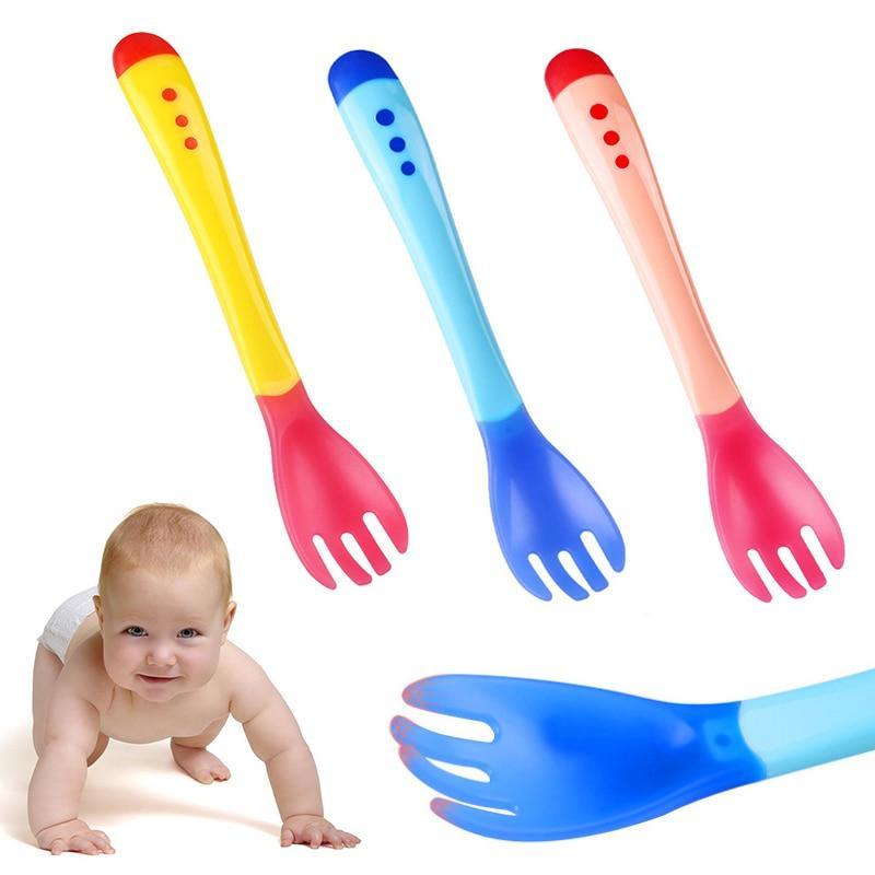 Baby temperature sensing spoon and fork set with soft head and safety choke barrier