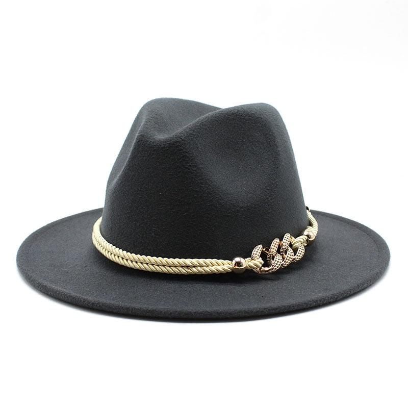 Classic White Wide Brim Fedora Hat with Chain Detail for Summer