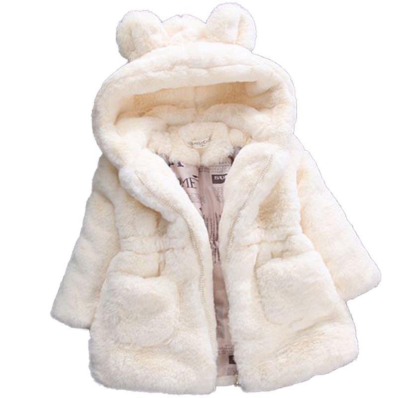 Winter Baby Girl Faux Fur Fleece Hooded Jacket with Rabbit Ears