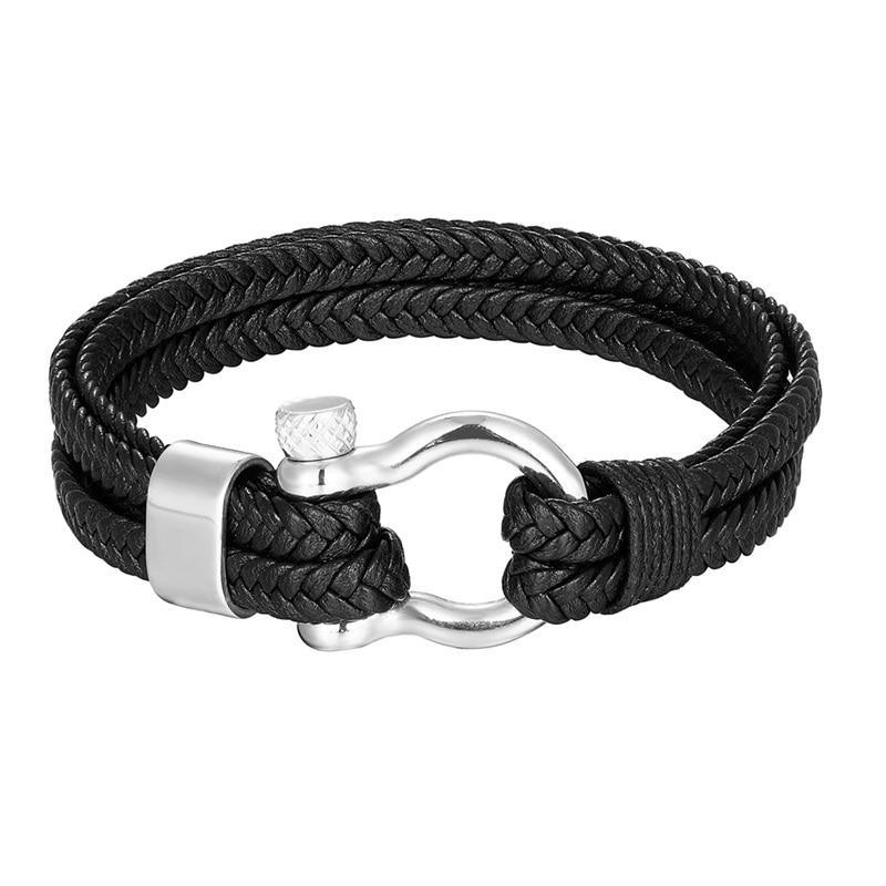 Stainless Steel Anchor Leather Bracelet for Men